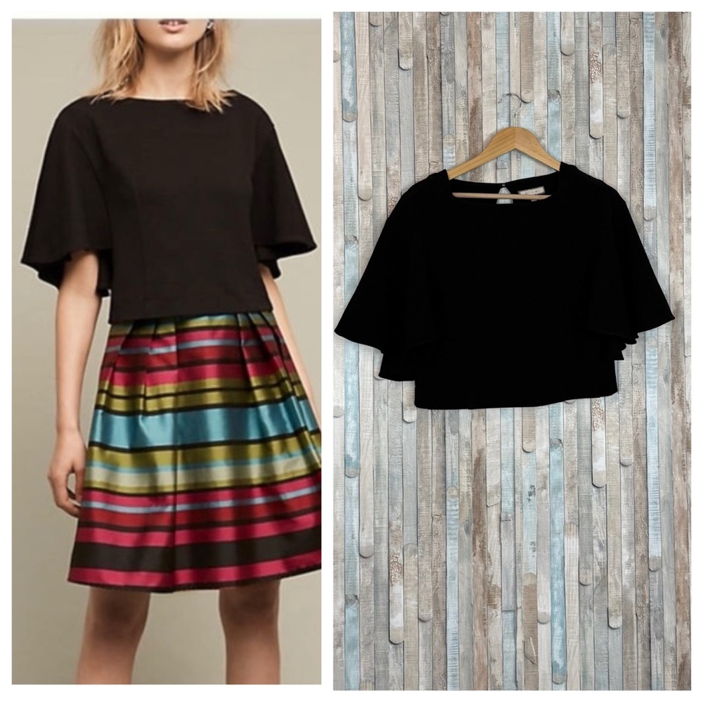 Anthropologie XS Eri Ali Knit Cropped Viv Top Flutter Batwing Sleeve Black‎ Crop